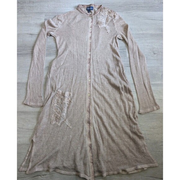Womens Lace Embroidered Long Duster Cardigan Boho Sweater Buttons Tan Sz L - Picture 1 of 13